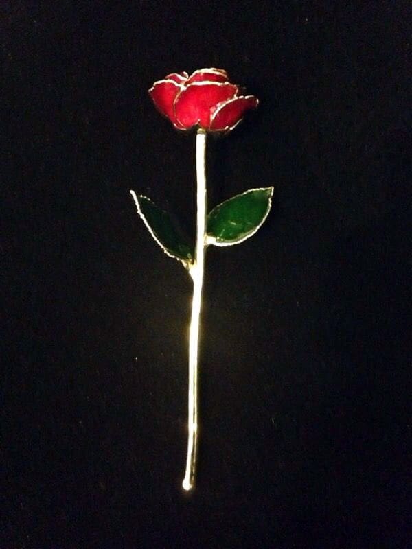 24K Gold Plated Single Stem Red Rose 10 5/8" Long with Ceramic Covered Flowers & Leaves - Image 2