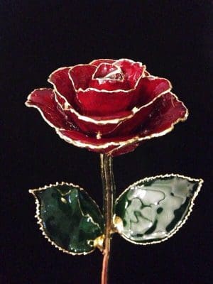 24K Gold Plated Single Stem Red Rose 10 5/8" Long with Ceramic Covered Flowers & Leaves