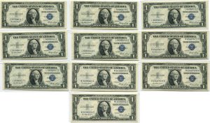 (10) 1935E $1 Silver Certificate Notes - 5 matched pairs of Sequential Notes