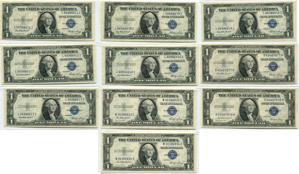 (10) 1935E $1 Silver Certificate Notes – 5 matched pairs of Sequential Notes