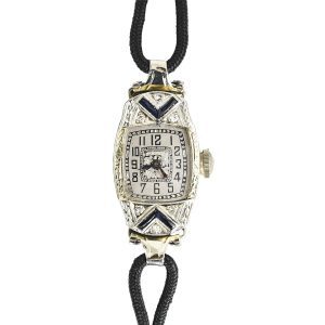 Art Deco Sapphire & Diamond Watch in 18K White Gold