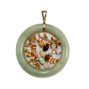 14k Yellow Gold Multi Color Jade & Diamond Pendant Greek Key Vines Leaves