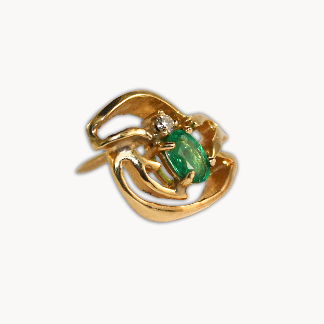 14k Yellow Gold Vintage Estate Emerald & Diamond Pin Wind Blowing Stickpin - Image 2