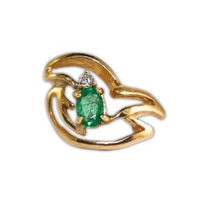 14k Yellow Gold Vintage Estate Emerald & Diamond Pin Wind Blowing Stickpin