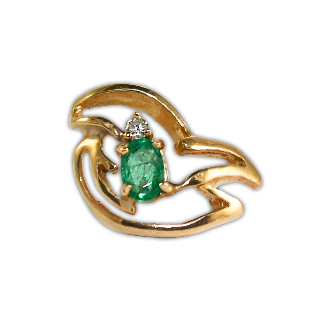 Emerald Shellback Pin 14k Yellow Gold Vintage Estate Emerald & Diamond Pin Wind Blowing ...
