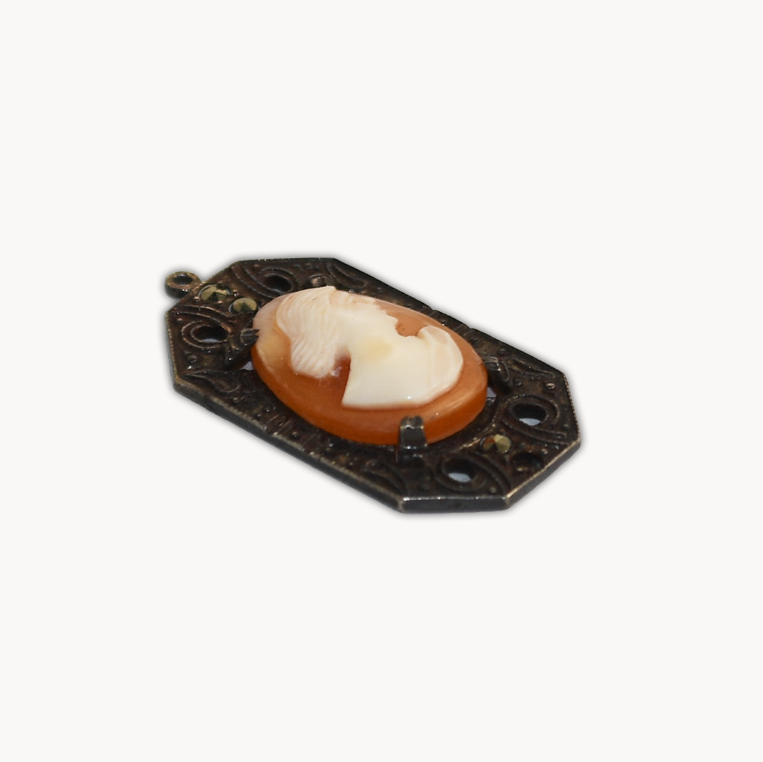 Sterling Silver Art Deco Small Cameo Shell Pendant Marcasite - Tangible ...