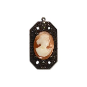 Sterling Silver Art Deco Small Cameo Shell Pendant Marcasite