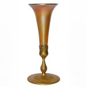 Tiffany Studios Favrile Glass Trumpet Vase on Bronze Base