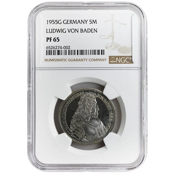 1955-G GERMANY, 5 Mark, Ludwig Von Baden, NGC PF65, RARE IN PROOF