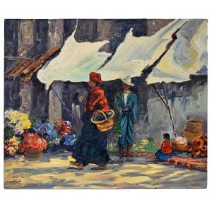 Village Scene, Oil Painting on Board, Signed Helen Hafer