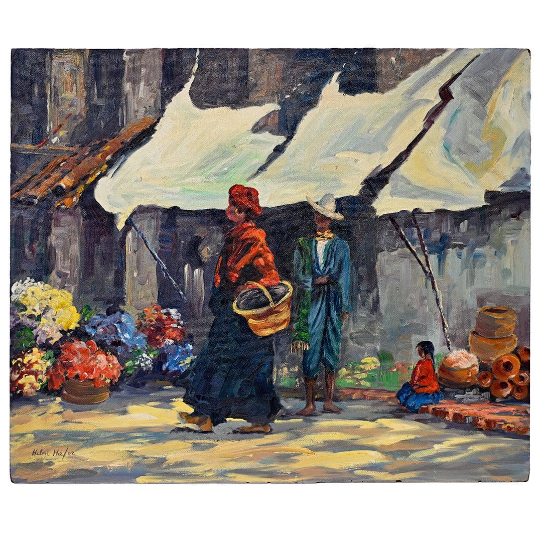 Village Scene, Oil Painting on Board, Signed Helen Hafer